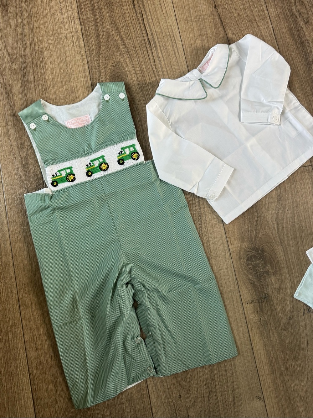 Lyndie Lane Classic Smocked Tractor Green Kids Overalls with White Shirt